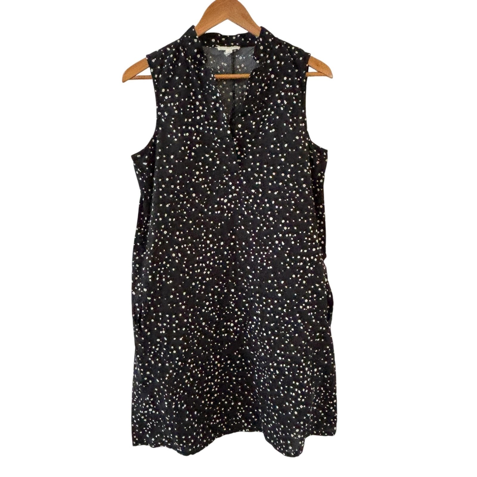 Eileen Fisher Organic Cotton Shift Mini Dress Womens Sp Black Polka Dot Pockets